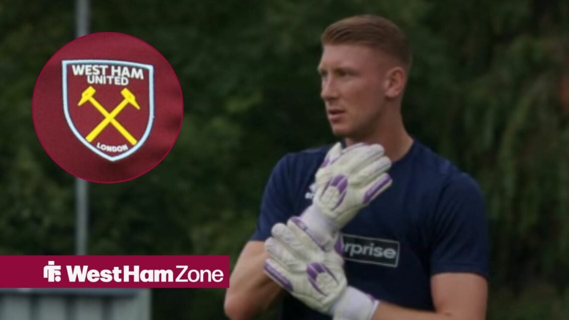 Mason Terry training for Braintree Town looking towards a circle inset of the West Ham badge