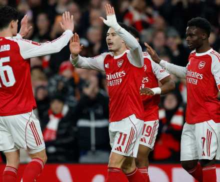 Arsenal's Gabriel Martinelli celebrates scoring their second goal with Christian Norgaard and Bukayo Saka