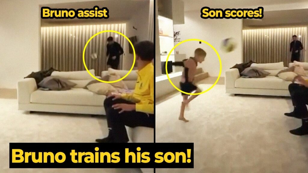 Bruno Fernandes assisting his son as he scores a header at his home during the break