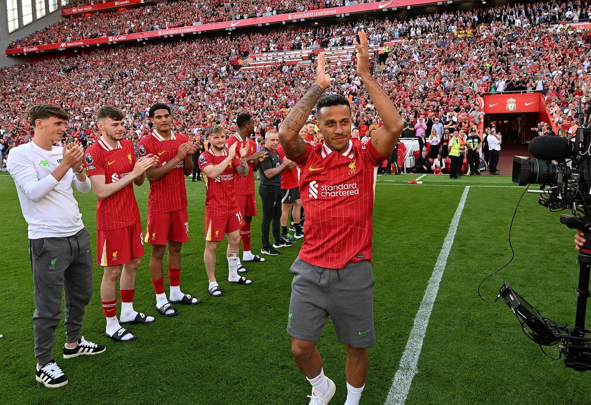 LIVERPOOL, ENGLAND - MAY 19: (THE SUN OUT. THE SUN ON SUNDAY OUT) Thiago Alcantara of Liverpool  the Premier League match between Liverpool FC and Wolverhampton Wanderers at Anfield on May 19, 2024 in Liverpool, England. (Photo by John Powell/Liverpool FC via Getty Images)