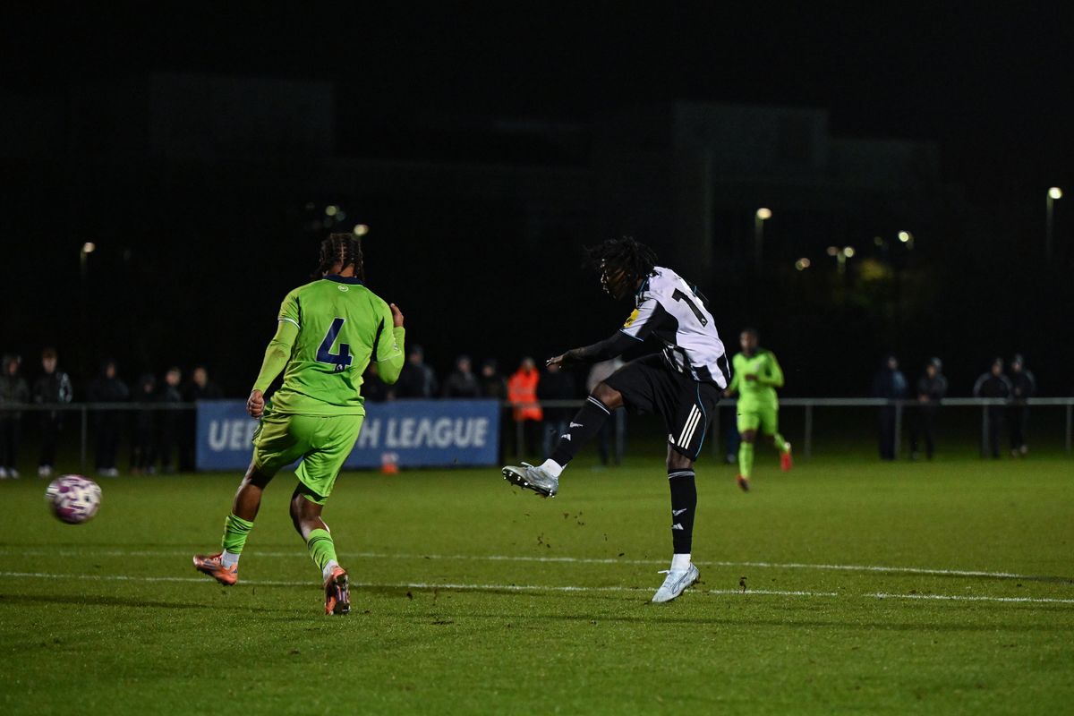 Michael Mills scores the third goal during the Premier League 2 Fixture between Newcastle United U21 and Fulham U21