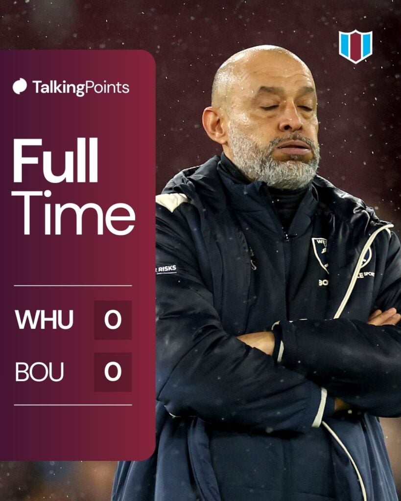Nuno Espirito Santo, Manager of West Ham United, reacts during the Premier League match between West Ham United and Bournemouth at London Stadium on February 21, 2026 in London, England.