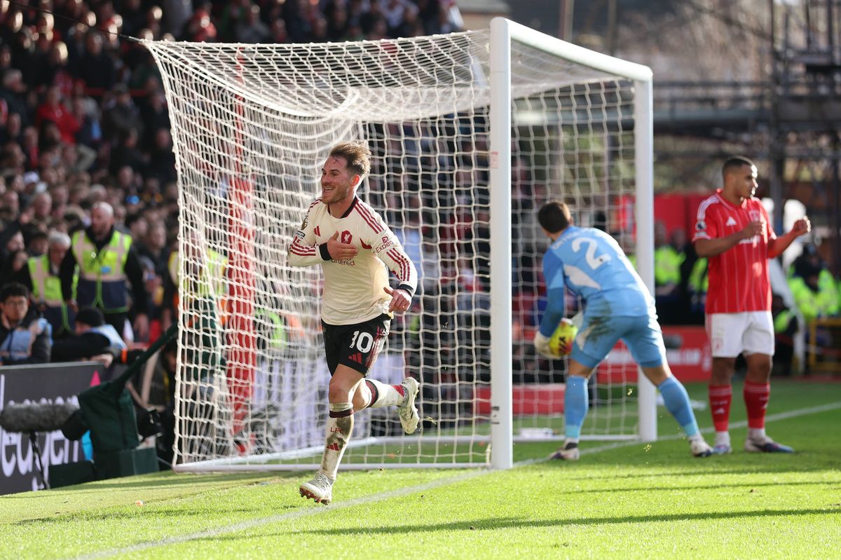 NOTTINGHAM, ENGLAND - FEBRUARY 22: Alexis Mac Allister of Liverpool celebrates after scoring a goal which was later ruled out for handball following a VAR review during the Premier League match between Nottingham Forest and Liverpool at City Ground on February 22, 2026 in Nottingham, England. (Photo by Carl Recine/Getty Images)