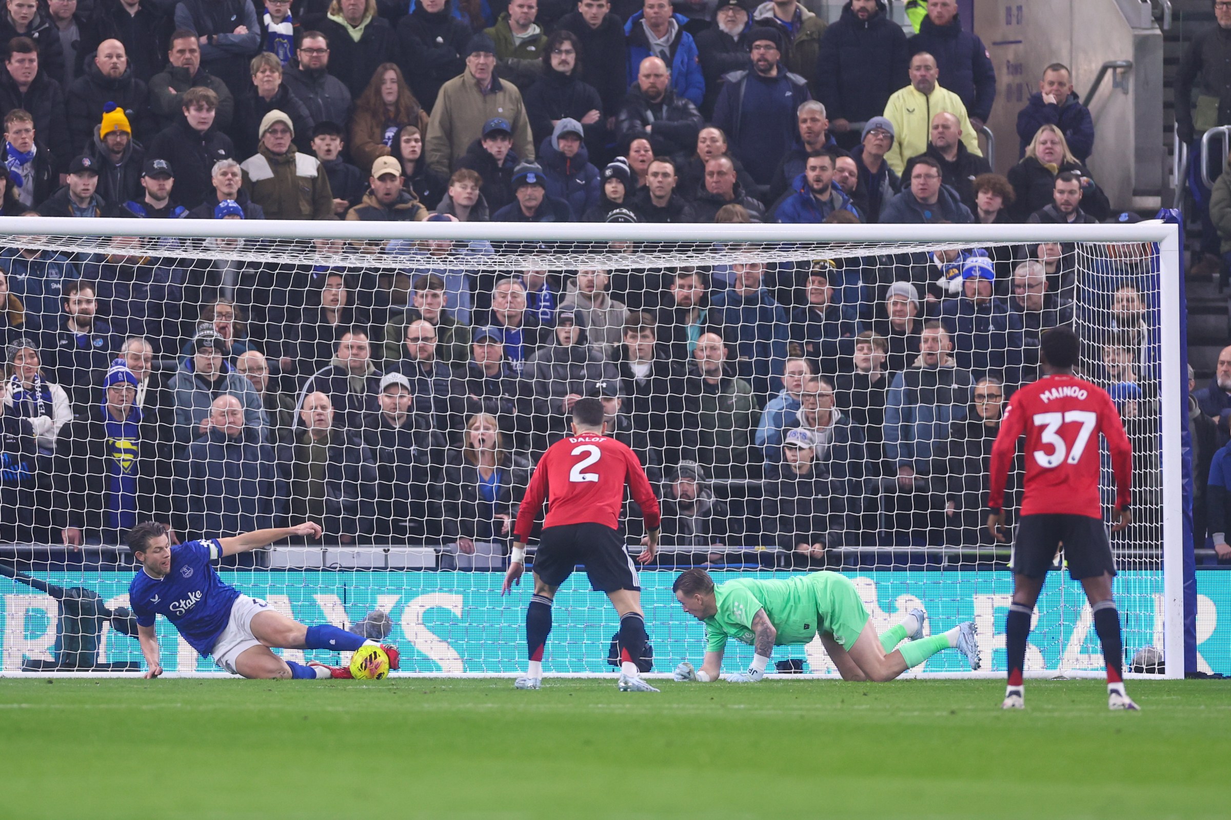 James Tarkowski of Everton clears the ball off the line. (Getty Images)