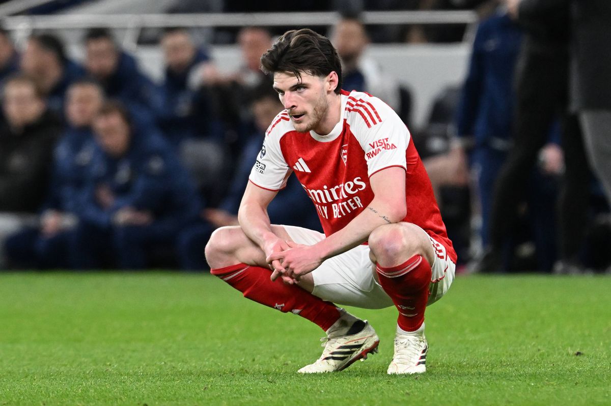 LONDON, ENGLAND - FEBRUARY 22: Declan Rice of Arsenal looks on following the Premier League match between Tottenham Hotspur and Arsenal at Tottenham Hotspur Stadium on February 22, 2026 in London, England. (Photo by Stuart MacFarlane/Arsenal FC via Getty Images)