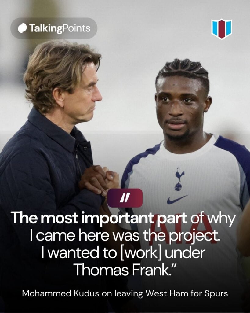Tottenham Hotspur's Danish head coach Thomas Frank (L) shakes hands with Tottenham Hotspur's Ghanian striker #20 Mohammed Kudus (2L) at the end of the English Premier League football match between West Ham United and Tottenham Hotspur at the London Stadium, in London on September 13, 2025.