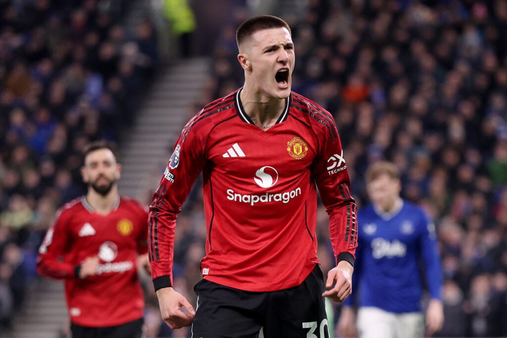 Benjamin Sesko celebrates scoring during the Premier League match between Everton and Manchester United at the Hill Dickinson Stadium in 2026 in Liverpool, England.