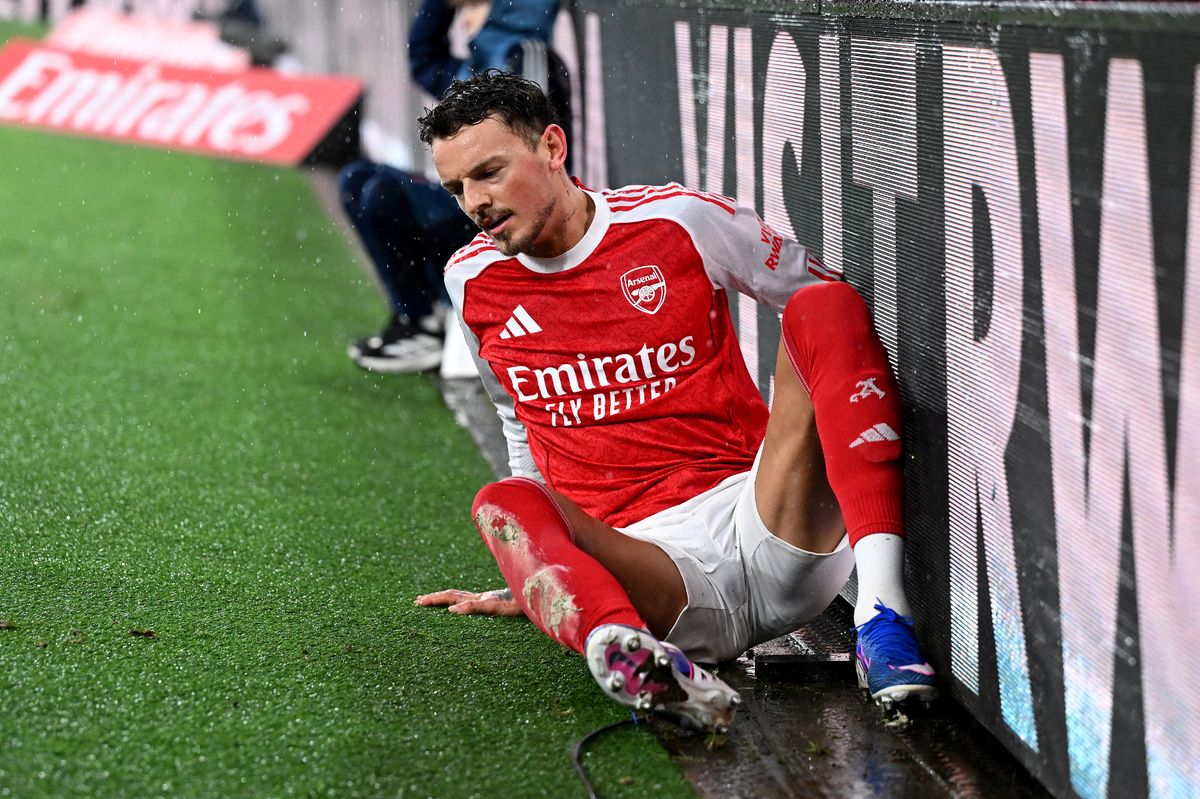 Ben White runs into the boarding during the Emirates FA Cup Fourth Round match between Arsenal and Wigan Athletic.
