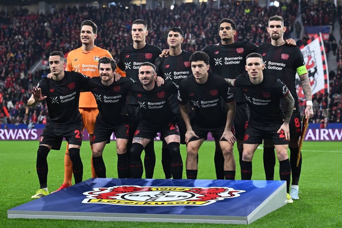 Players of Bayer 04 Leverkusen pose for a team photograph prior to the UEFA Champions League 2025/26 League Knockout Play-off Second Leg match between Bayer 04 Leverkusen and Olympiacos FC at BayArena on February 24, 2026 in Leverkusen, Germany.