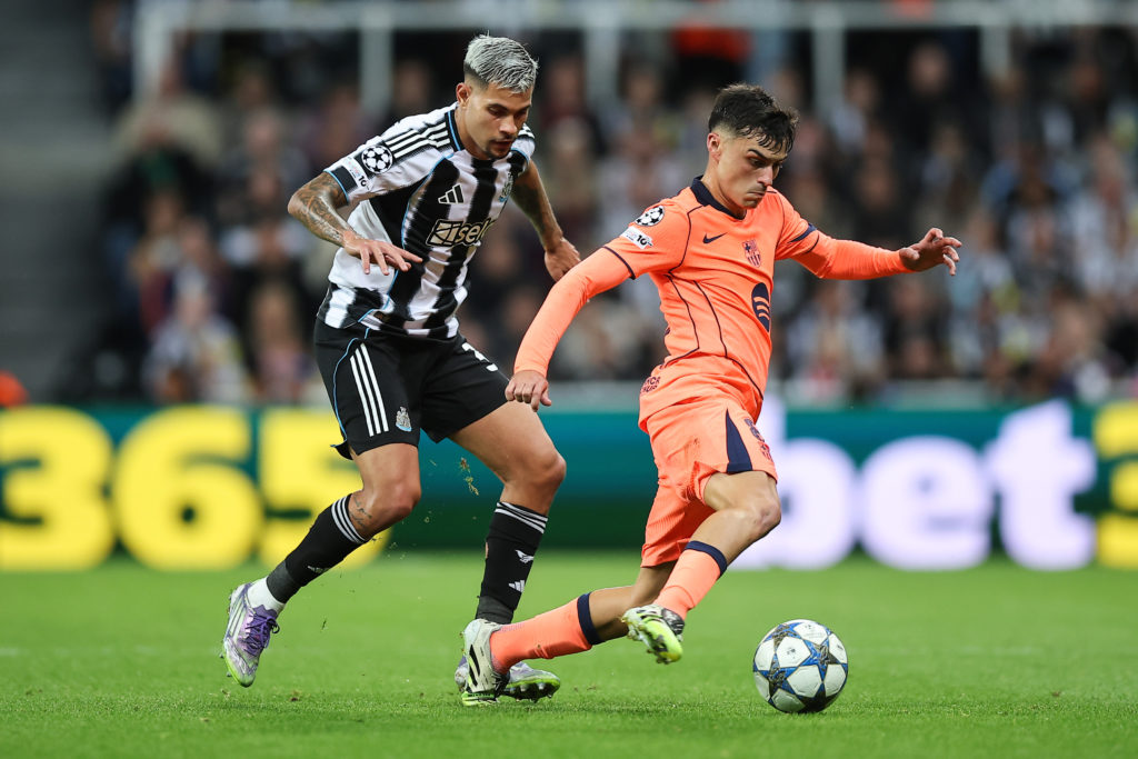 Bruno Guimaraes playing for Newcastle United against Barcelona in the Champions League.
