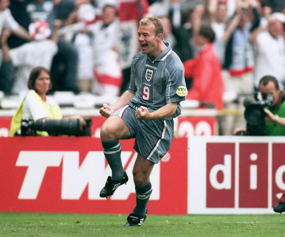 Alan Shearer celebrates at Euro 1996