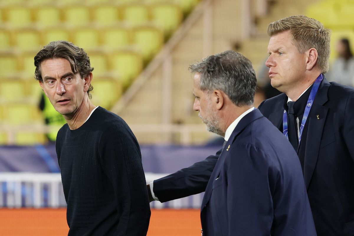 Thomas Frank with Tottenham Hotspur sporting directors Fabio Paratici and Johan Lange