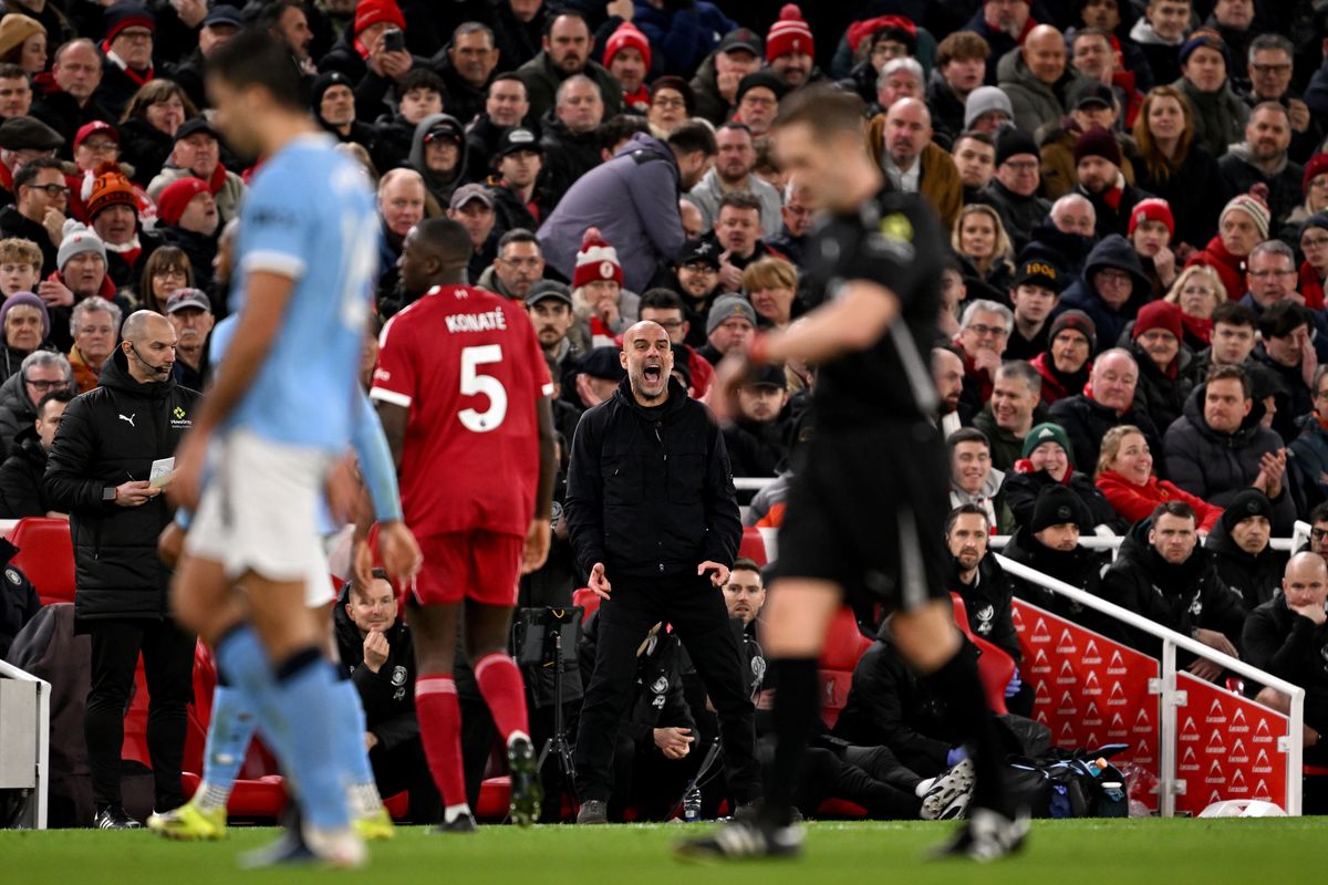 Pep Guardiola, Manager of Manchester City, celebrates during the Premier League match between Liverpool and Manchester City at Anfield on February 08, 2026 in Liverpool, England.