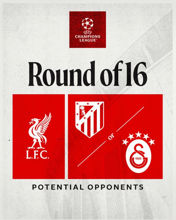 We will face either Atletico Madrid or Galatasaray in the UCL last 16 
The draw will take place from 11am GMT on Friday