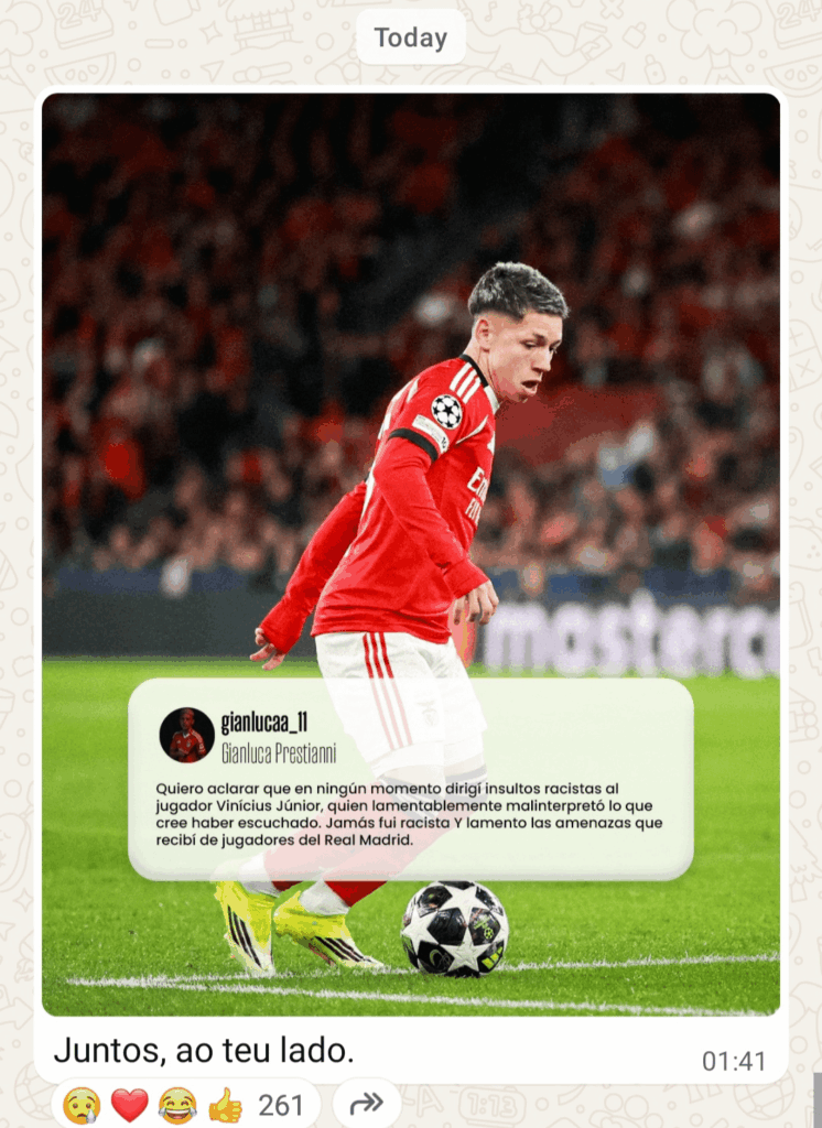 O Benfica postou isto no seu canal de Whatsapp