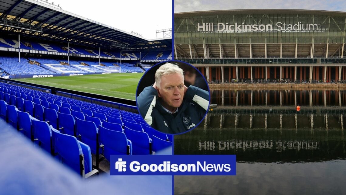 Everton's old Goodison Park stadium empty and external shot of Hill Dickinson Stadium with Everton manager David Moyes in circular inset