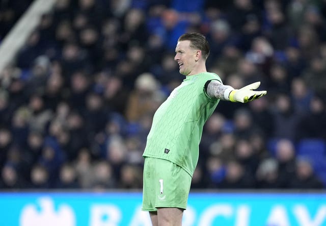 Everton goalkeeper Jordan Pickford reacts during a Premier League match against Leeds