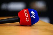 A microphone with a red and blue cover displaying the word Sky Sports