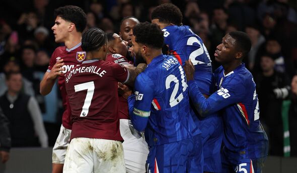 LONDON, ENGLAND - JANUARY 31: Adama Traore of West Ham United clashes with Chelsea players during the Premier League match betwe