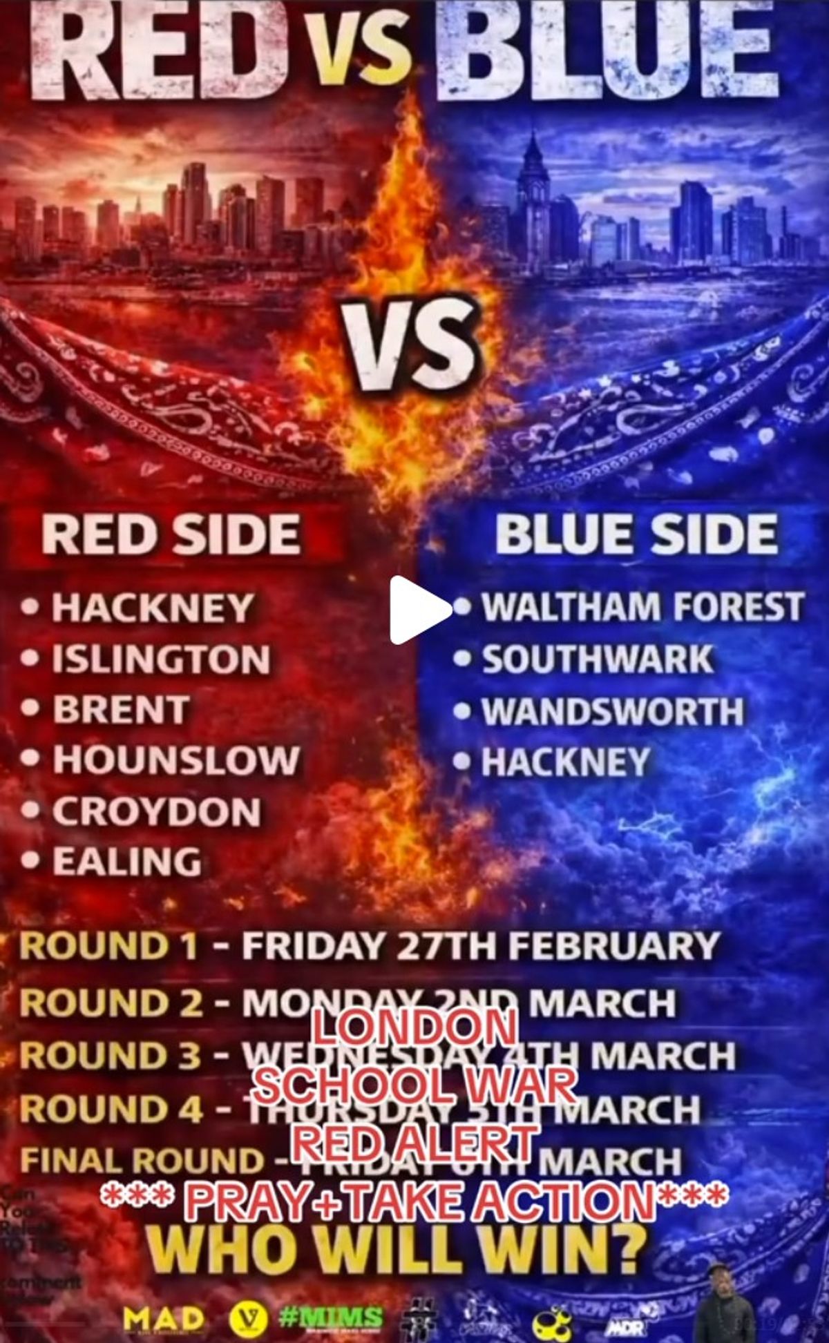 A screenshot example of a 'Red vs Blue' school war poster shared on social media