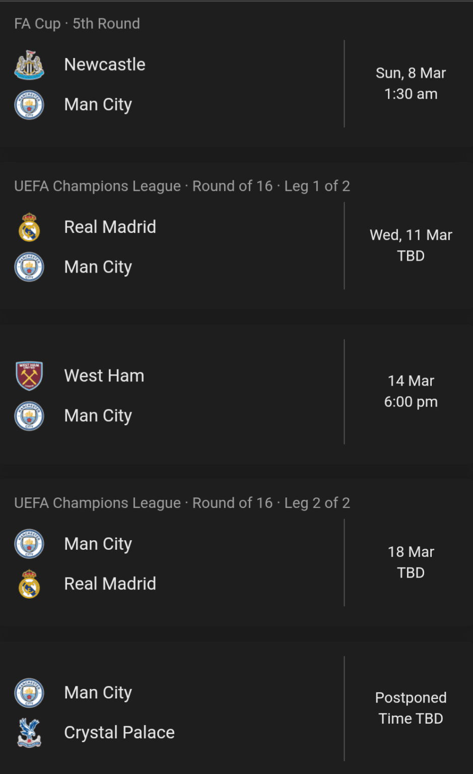 City's fixtures around the two ro16 games