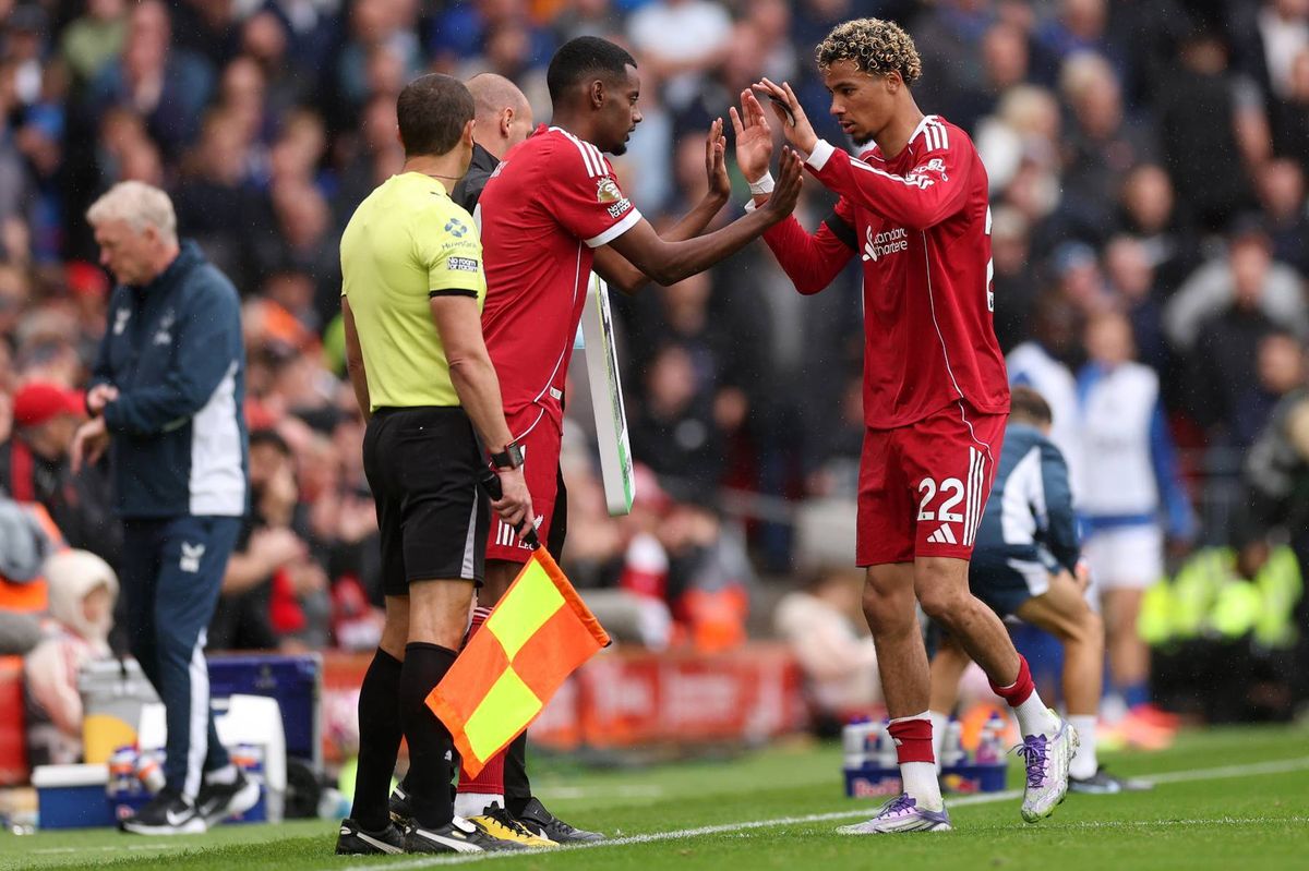 Alexander Isak comes on as a substitute for team-mate Hugo Ekitike during the Premier League match between Liverpool and Everton at Anfield earlier this season