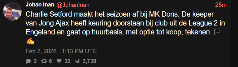 [AD] Charlie Setford leaving Ajax on loan for MK Dons in the English League Two. Option to buy included, medical already passed. The 21-year old goalkeeper played 58 matches for Jong Ajax, never played for the first team.