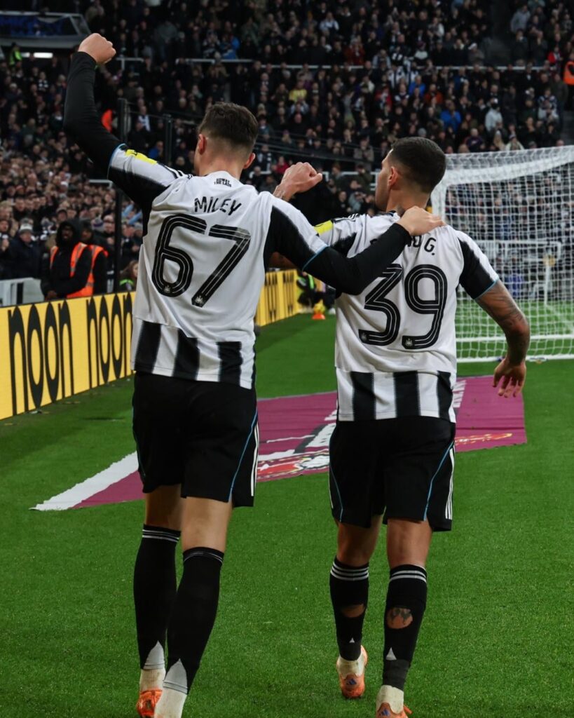 Eddie Howe on Lewis Miley and Bruno: "Lewis, we are waiting day-by-day. It is a dead leg, a bad knock to his thigh. He is having scans every few days, we will wait and see on that one. Bruno, we are awaiting news on his hamstring injury.