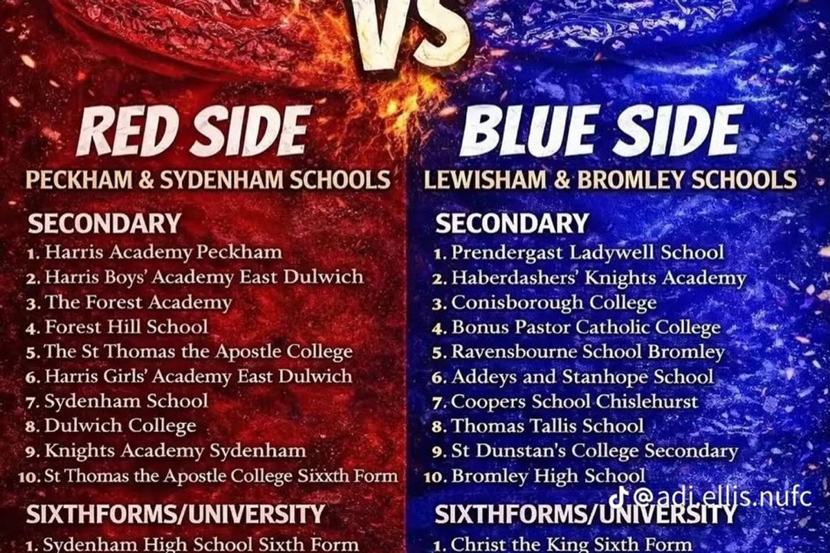 A screenshot example of a 'Red vs Blue' school war poster shared on social media
