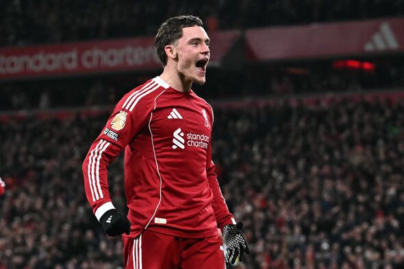 Liverpool's German midfielder #07 Florian Wirtz celebrates after scoring their third goal during the English Premier League foot