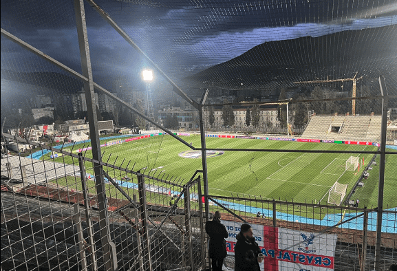 Palace fans watched their team play a mediocre 1-1 draw from this cage in Bosnia while we won a glorious 3-0 victory in front of 50,000 fans in Turkey. LESSON: Check your email.