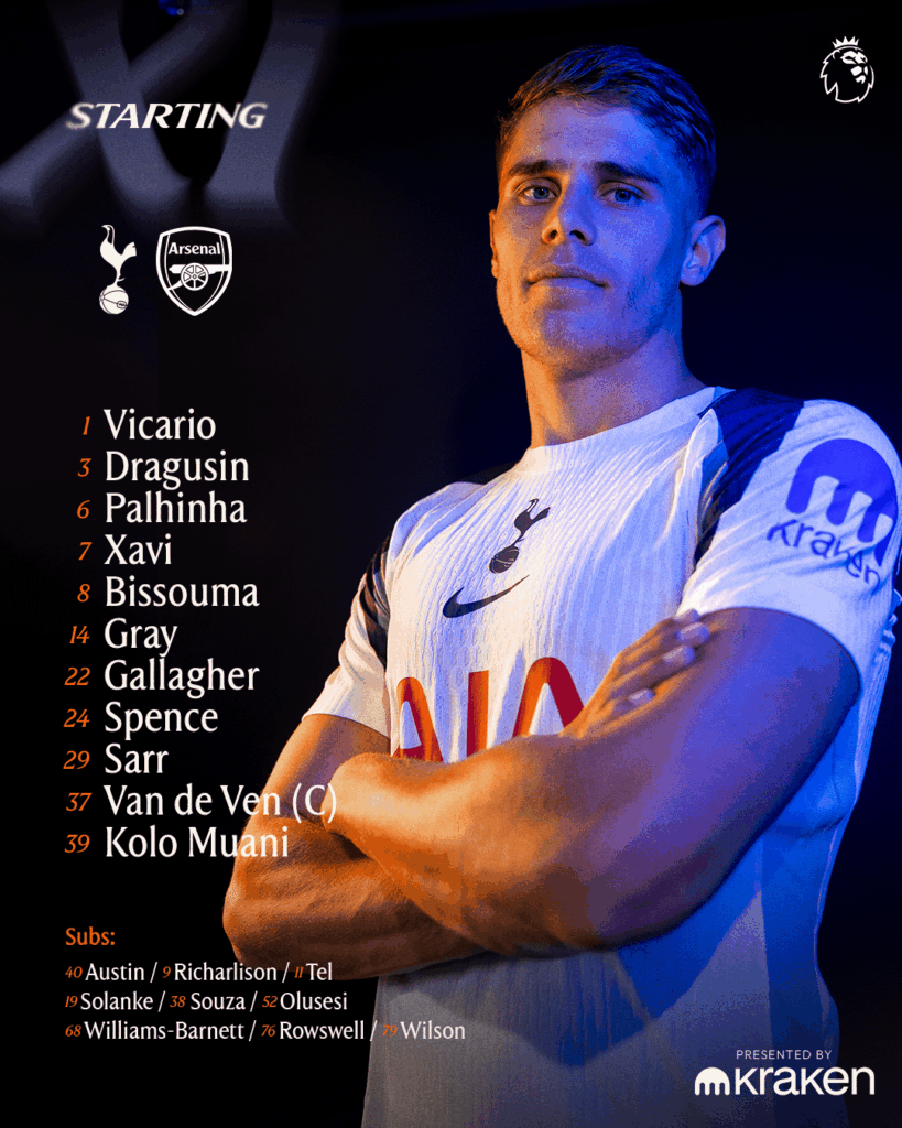 [Tottenham Hotspur] starting XI vs Arsenal: Vicario, Dragusin, Palhinha, Xavi, Bissouma, Gray, Gallagher, Spence, Sarr, Van de Ven (C), Kolo Muani