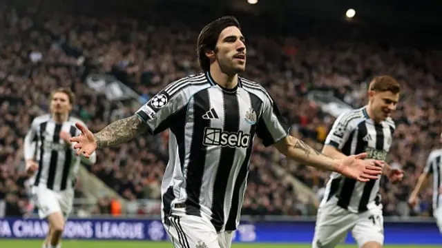 Sandro Tonali of Newcastle United celebrates scoring his team's first goal during the UEFA Champions League 2025/26 League Knockout Play-off Second Leg