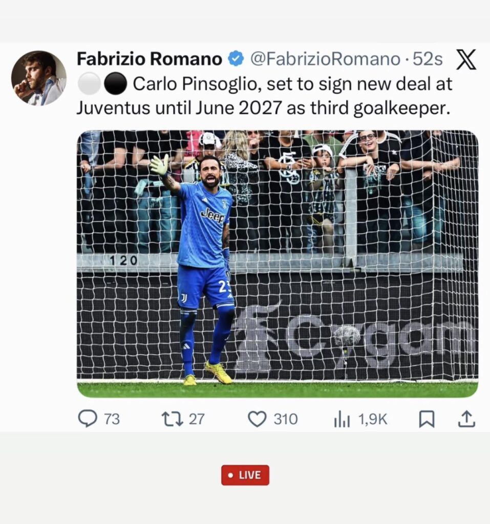 Carlo Pinsoglio, set to sign new deal at Juventus until 2027 as third goalkeeper.