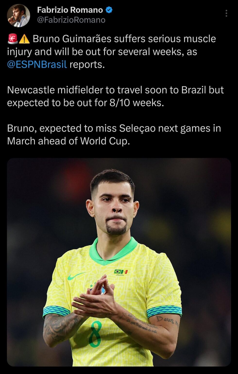 Bruno G out for 8-10 weeks with muscle injury