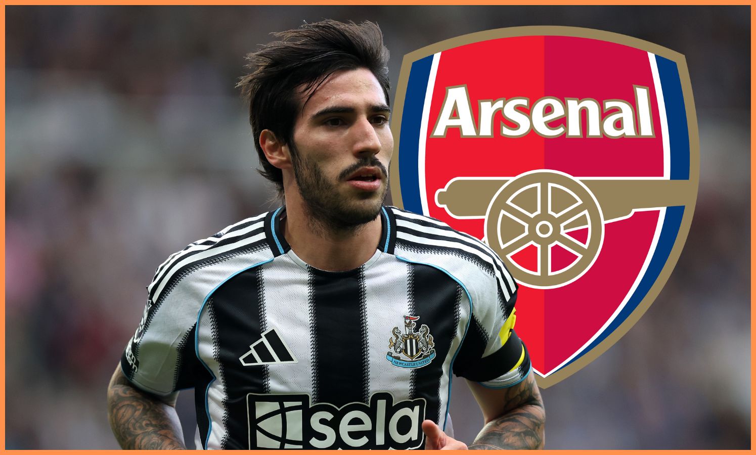 Sandro Tonali of Newcastle, and the Arsenal FC logo