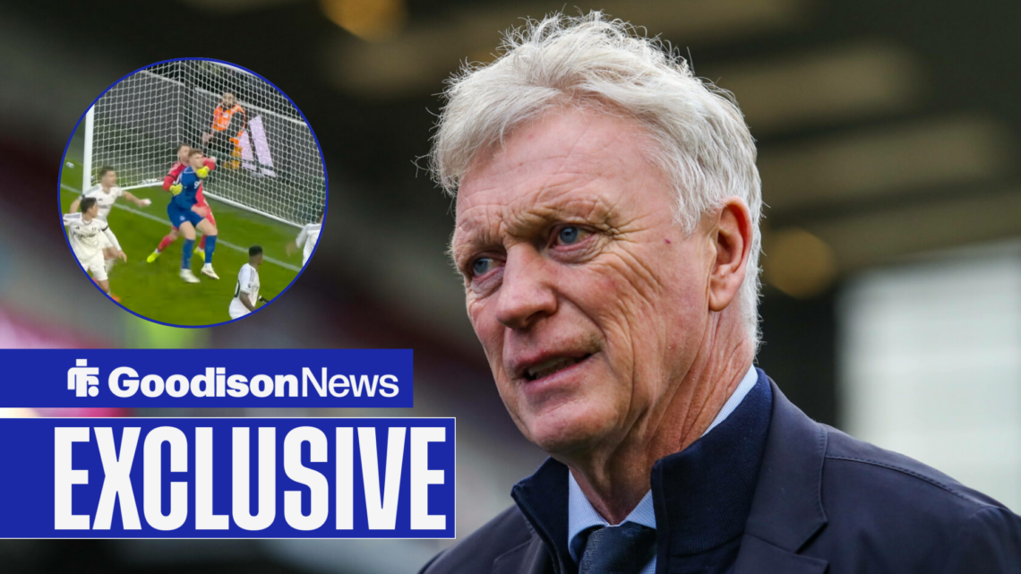 David Moyes looks at a circular inset of Bernd Leno's own goal