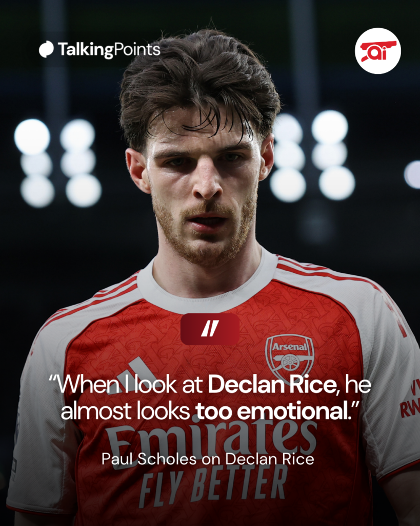 A graphic of Declan Rice including a quote from Paul Scholes about the Arsenal midfielder being too emotional.