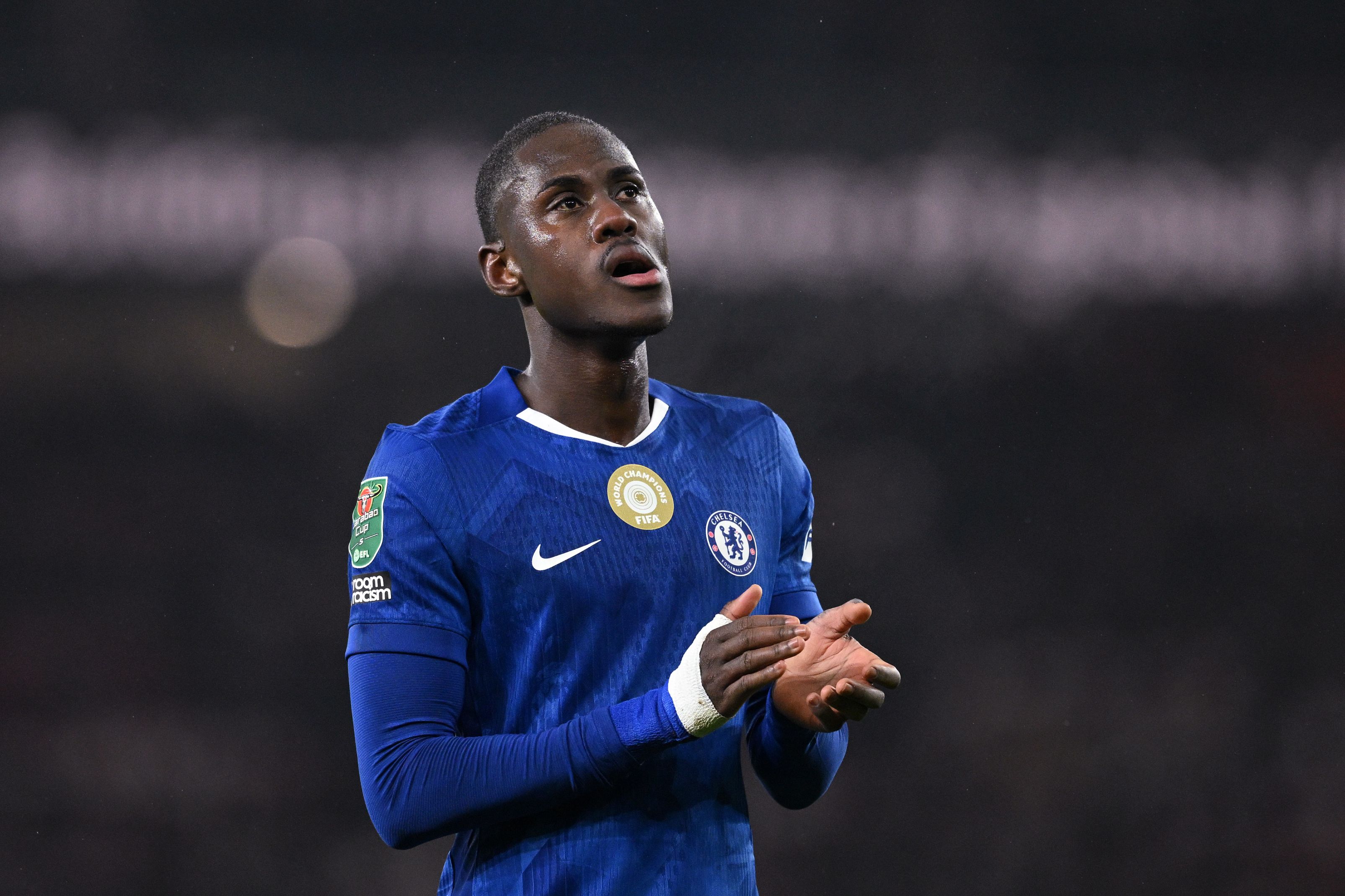 Trevoh Chalobah applauds the Chelsea fans.