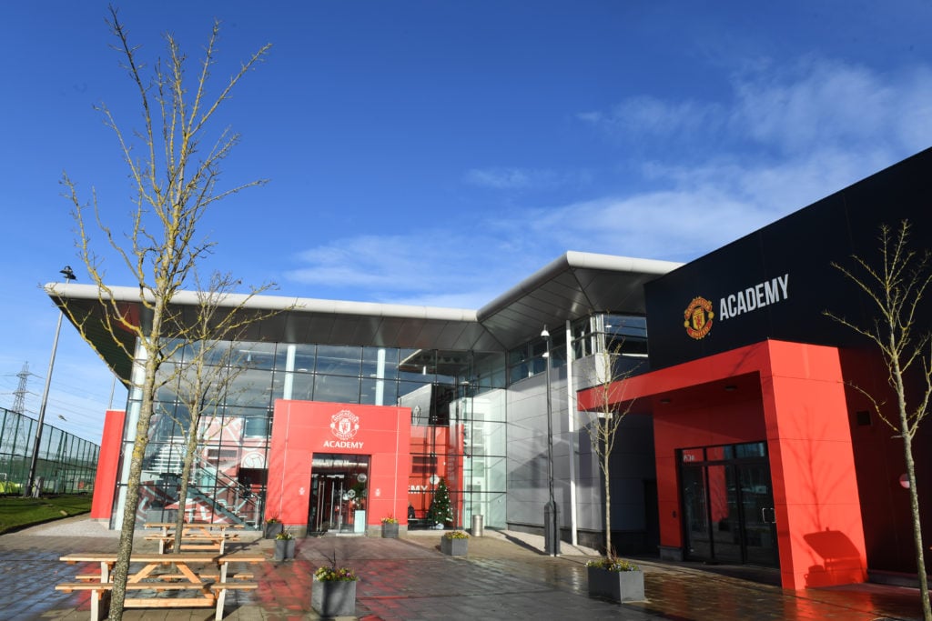 A view of the Manchester United Academy prior to the Premier League 2 match between Manchester United Under-21s and Newcastle United Under-21s at the Carrington training complex in 2023.