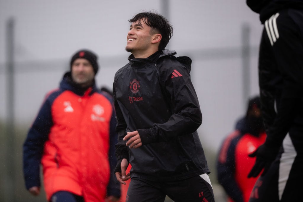 Gabriele Biancheri smiles in Manchester United training session
