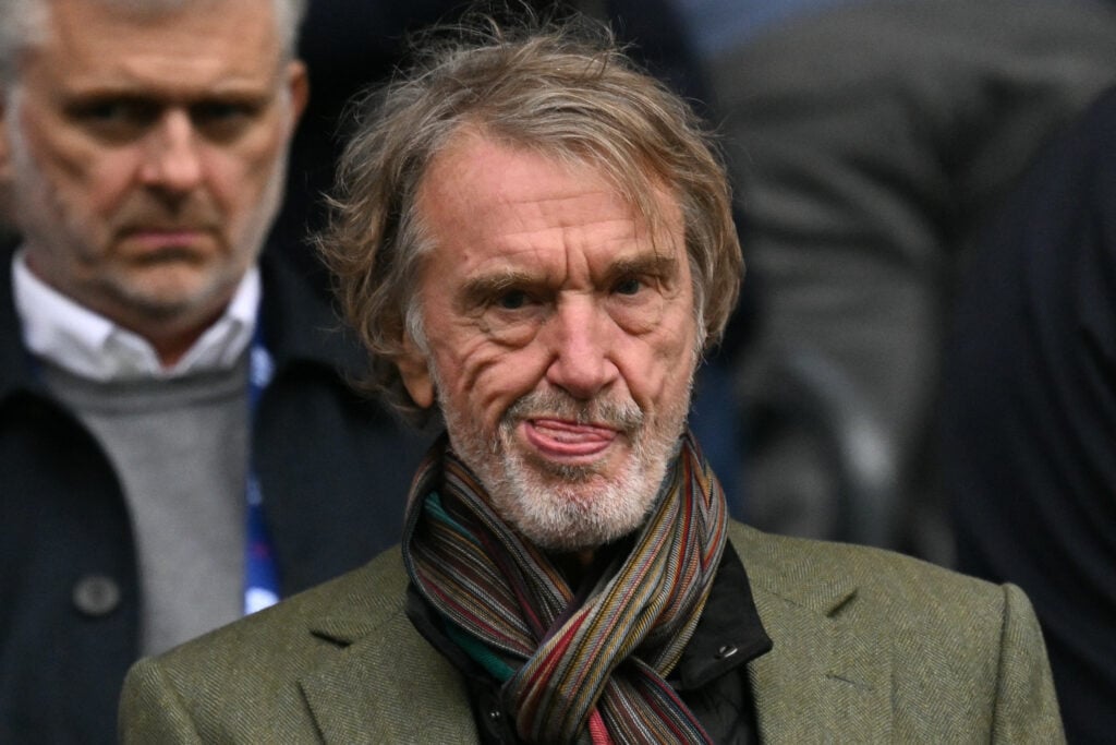 Manchester United's co-owner Jim Ratcliffe looks from the directors box before kick off of the English Premier League football match between Manchester City and Manchester United at the Etihad Stadium in Manchester, north west England, on September 14, 2025.