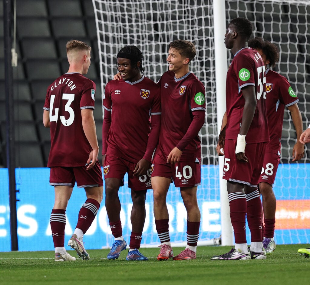 George Earthy and co celebrate during Milton Keynes Dons v West Ham United U21 - Vertu Trophy