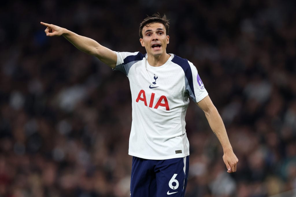 Tottenham midfielder Joao Palhinha pointing
