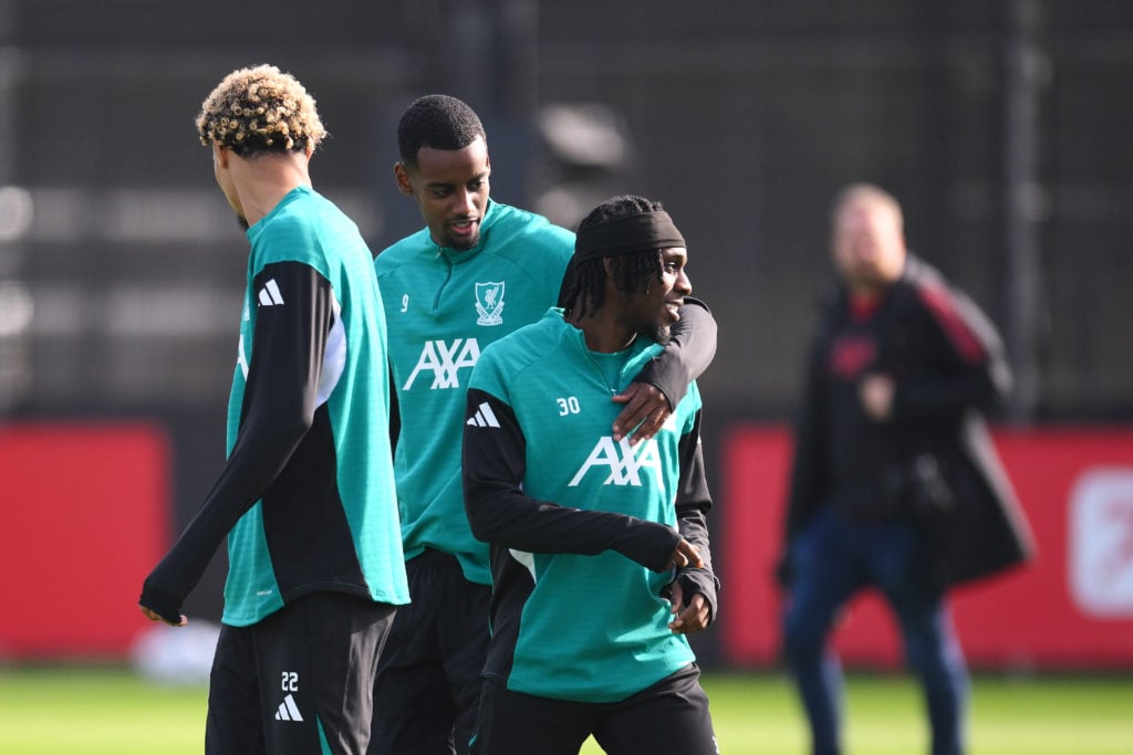 Jeremie Frimpong grabbed by Alexander Isak during Liverpool training