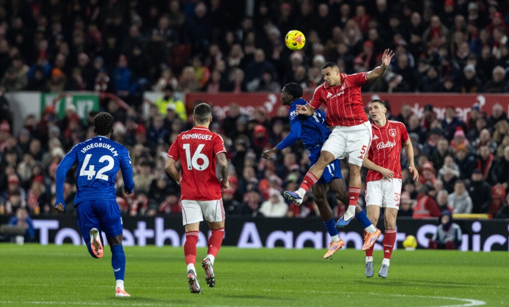 Murillo leaps for a header against Everton