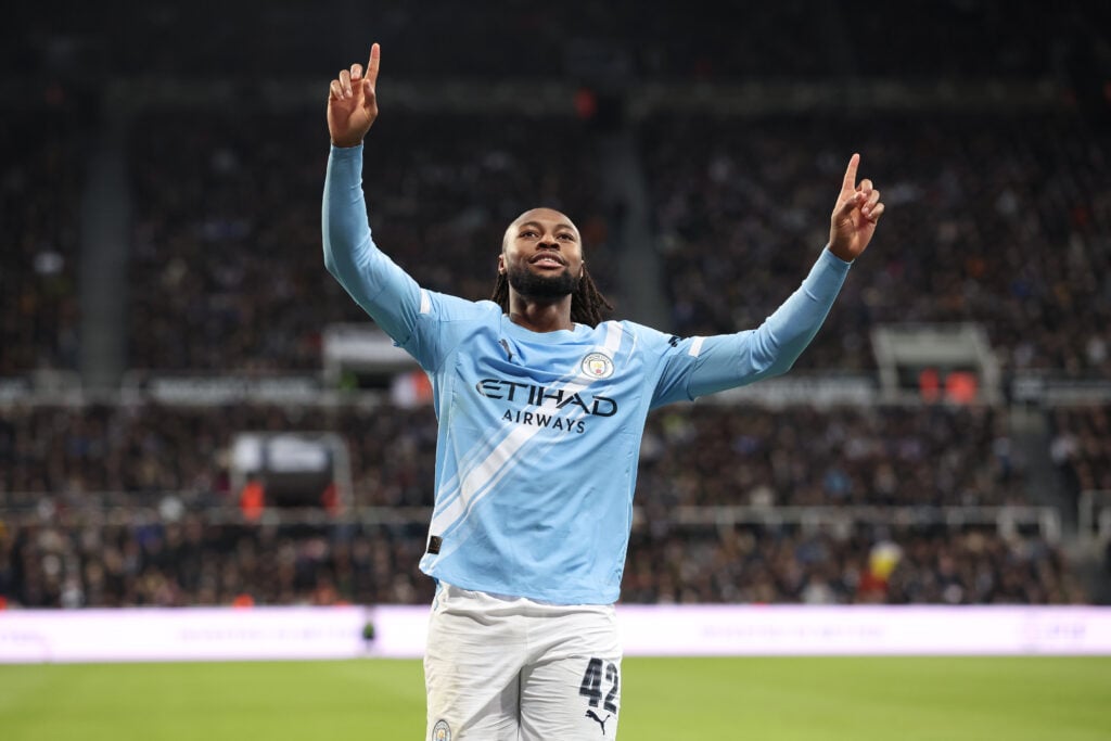 Antoine Semenyo of Manchester City celebrates after scoring their side's first goal during the Carabao Cup Semi Final First Leg match between Newcastle United and Manchester City at St James' Park.