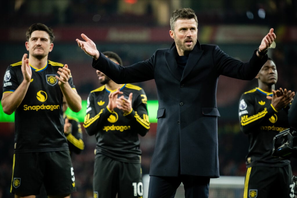 Michael Carrick reacts at the end of the Premier League match between Arsenal and Manchester United at the Emirates Stadium in 2026 in London, England.