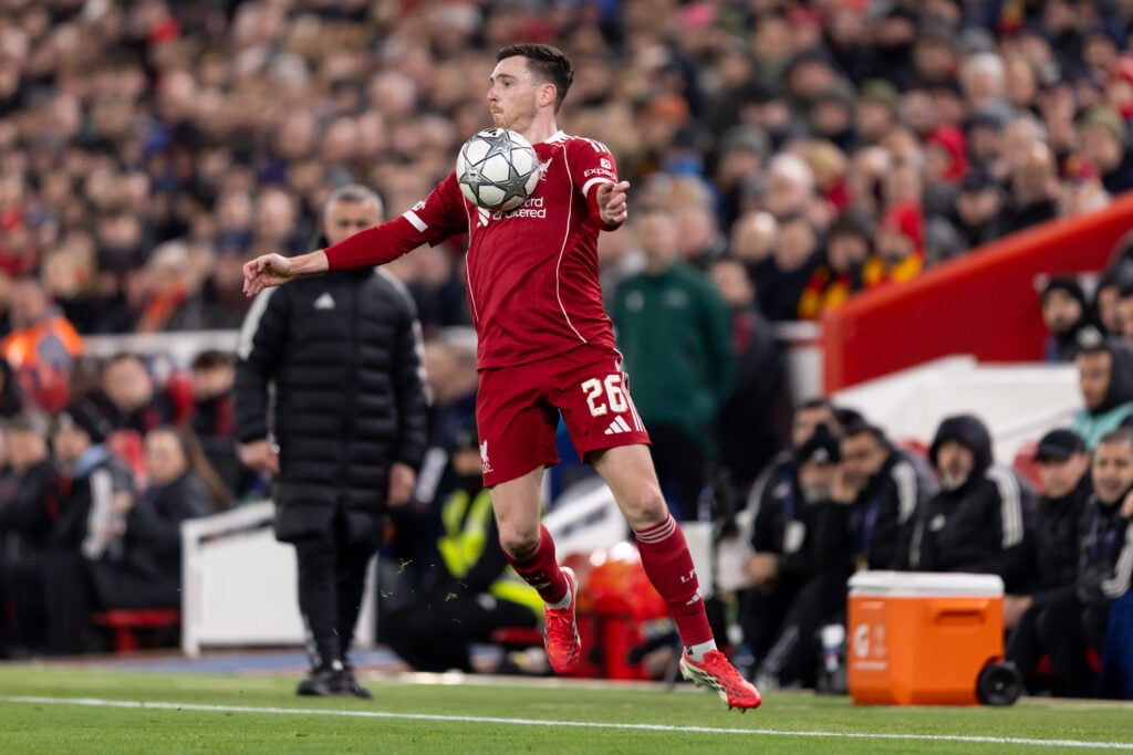 Andy Robertson controls the ball during Liverpool's UEFA Champions League match against Qarabag at Anfield.