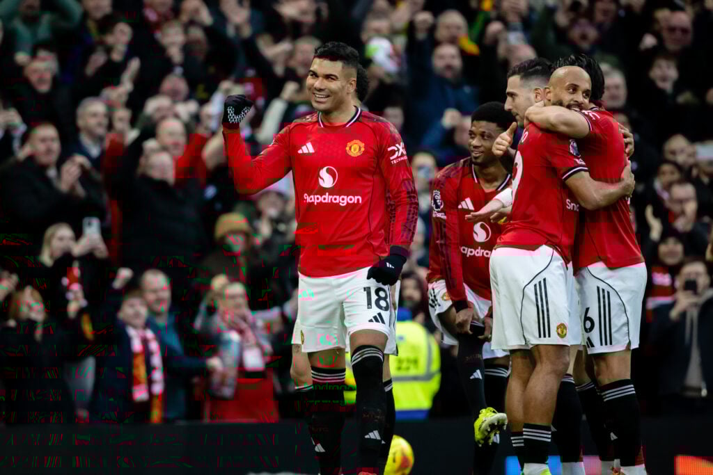Casemiro celebrates goal for Manchester United.